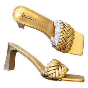 Gold Heeled Slides Dressy Sandals Square Toe Braided by Loesan Size 42 JJ3321